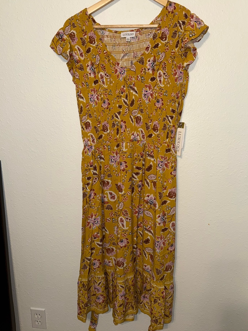 Luxology Mustard Floral Maxi Dress with Pink Accents Size XL